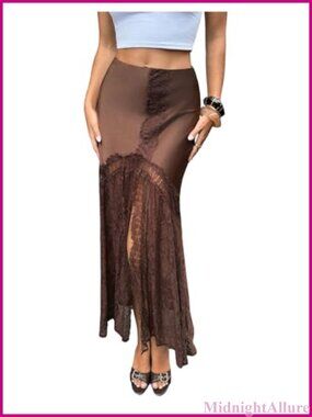 WDIRARA Lace High Slit Low Rise Ruffle Flowy Long Skirt